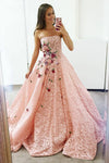 Strapless Floral Pink Lace Long Ball Gown with Embroidery