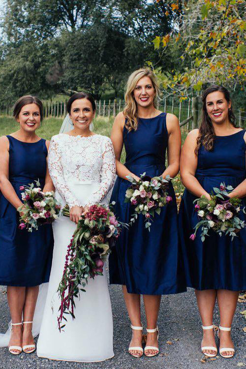 Navy Blue Tea Length Bridesmaid Dress