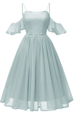 Off the Shoulder Lace Over Chiffon Sage Green Party Dress