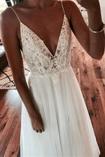 Long Spaghetti Strap A-line V-Neck White Wedding Dress with Lace