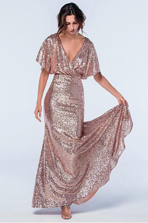 Rose Gold Sequins Long Bridesmaid Dress with Sleeves