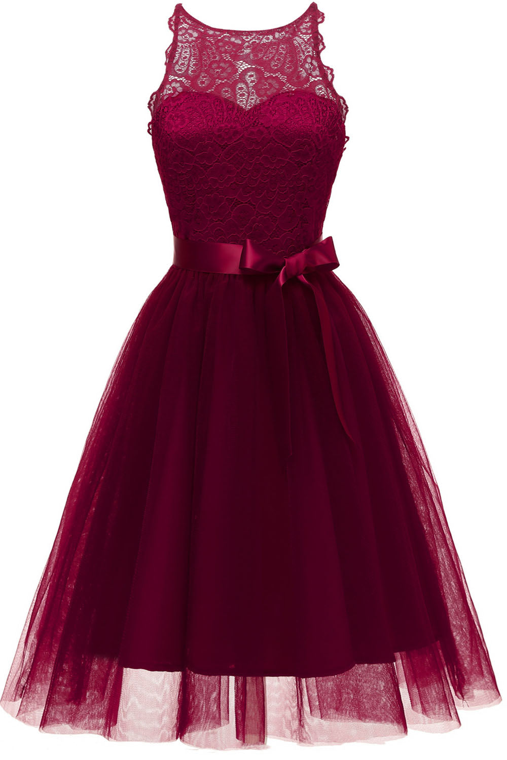 Jewel Neck Tiered Burgundy Short Party Dress with Ribbon FancyVestido Jewel Neck Tiered Burgundy Short Party Dress with Ribbon FancyVestido