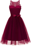Jewel Neck Tiered Burgundy Short Party Dress with Ribbon