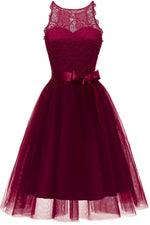 Jewel Neck Tiered Burgundy Short Party Dress with Ribbon