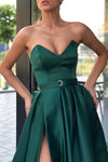 Sweetheart A-Line Long Hunter Green Prom Dress with Belt