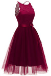 Jewel Neck Tiered Burgundy Short Party Dress with Ribbon