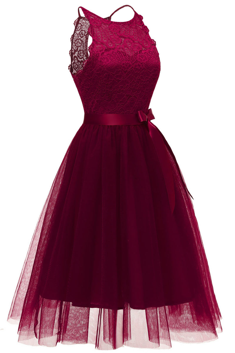 Jewel Neck Tiered Burgundy Short Party Dress with Ribbon