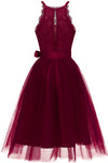 Jewel Neck Tiered Burgundy Short Party Dress with Ribbon