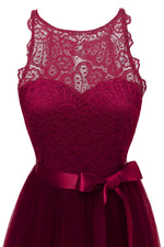 Jewel Neck Tiered Burgundy Short Party Dress with Ribbon