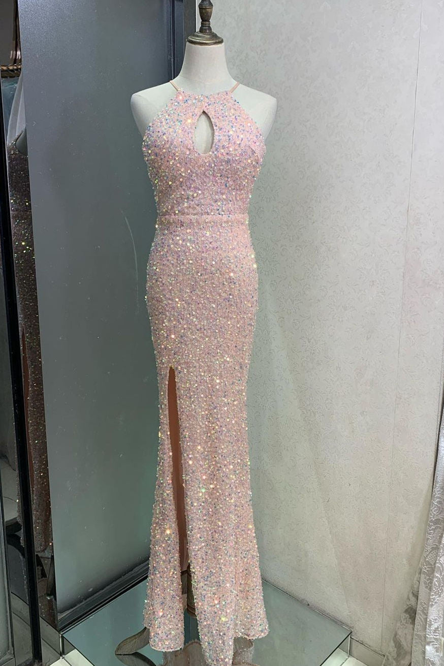 Elegant Key Hole Pink Sequins Long Prom Dress – FancyVestido