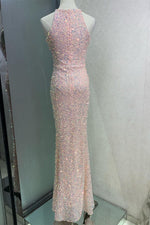 Elegant Key Hole Pink Sequins Long Prom Dress