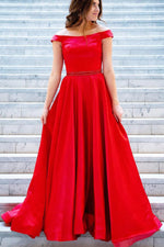 Princess Off Shoulder Red Prom Dress with Beading Belt