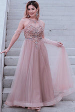 Gorgeous Cold Sleeves Beaded Pink Prom Dress