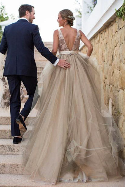 Long Deep V-Neck A-line Champagne Wedding Dress with Lace Top FancyVestido Long Deep V-Neck A-line Champagne Wedding Dress with Lace Top FancyVestido