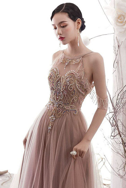 Gorgeous Cold Sleeves Beaded Pink Prom Dress