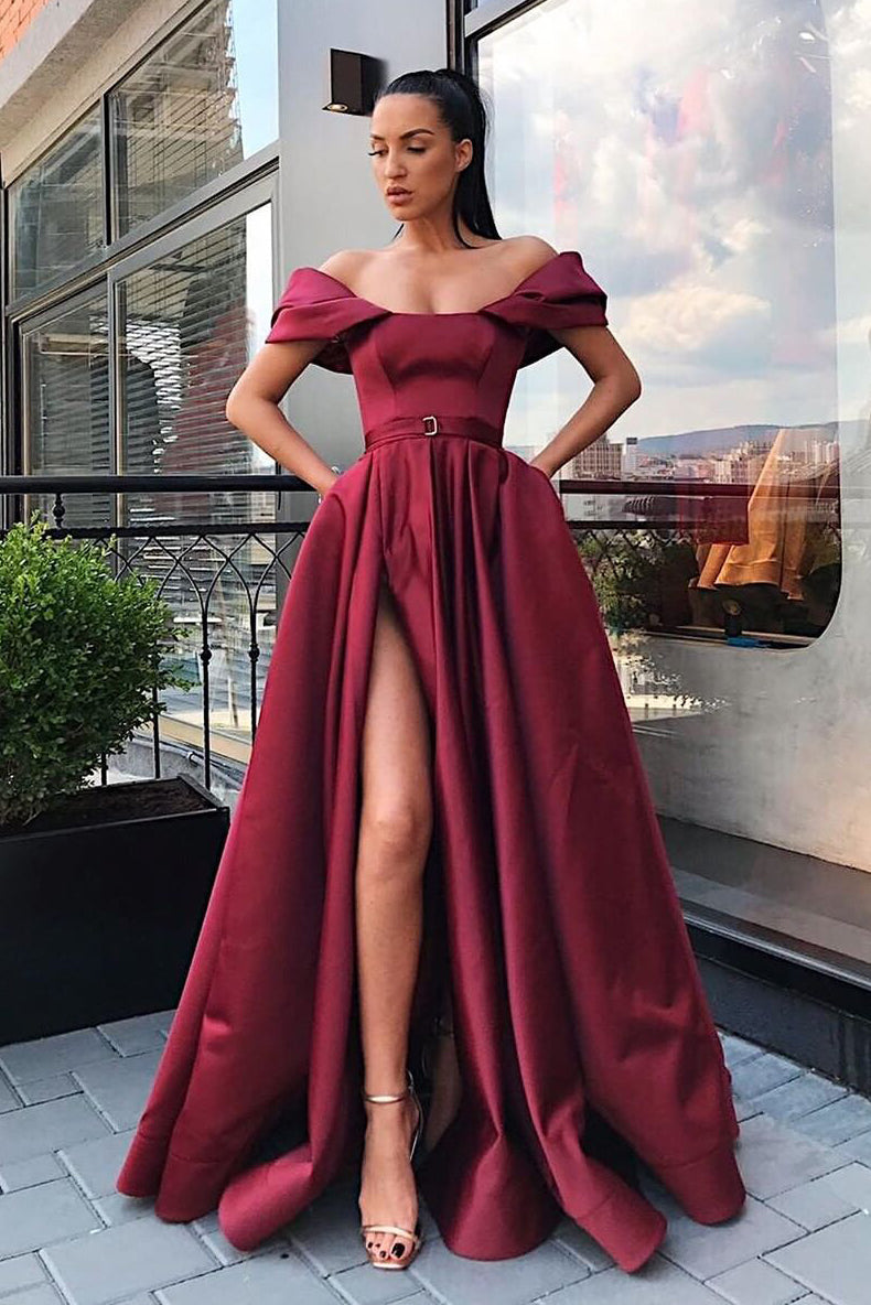 Off the Shoulder Side Slit Burgundy Prom Dress with Belt FancyVestido Off the Shoulder Side Slit Burgundy Prom Dress with Belt FancyVestido