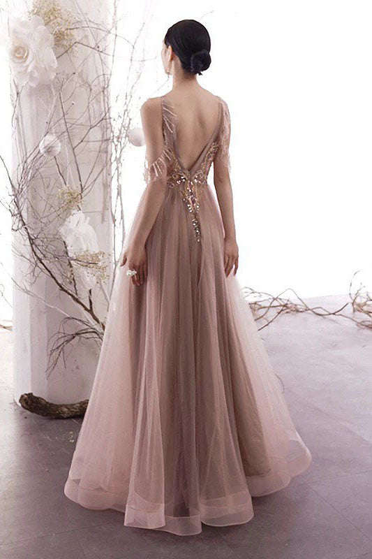 Gorgeous Cold Sleeves Beaded Pink Prom Dress