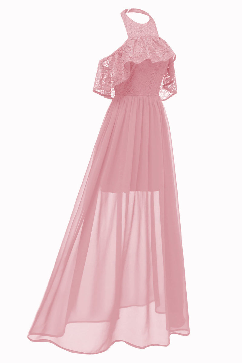 Halter Pink Long Party Dress with Open Back