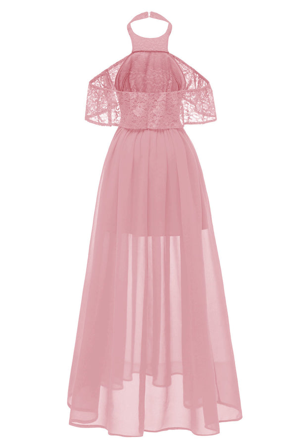 Halter Pink Long Party Dress with Open Back