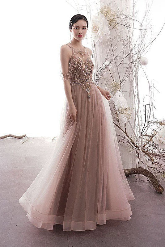 Gorgeous Cold Sleeves Beaded Pink Prom Dress