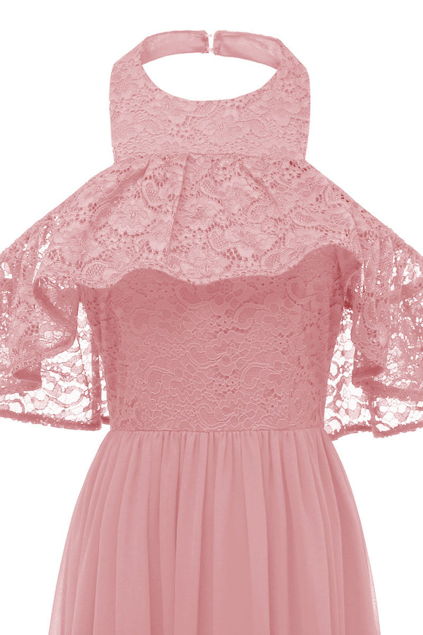 Halter Pink Long Party Dress with Open Back