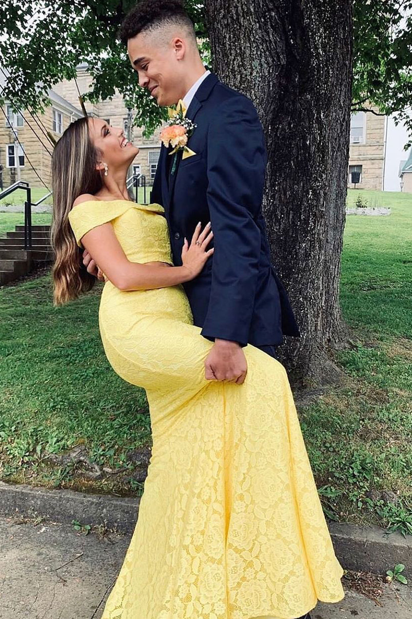 Black Lace Black And Yellow Prom Two Piece Off The Shoulder Lace Mermaid Yellow Prom Dress Black Lace Black And Yellow Prom Two Piece Off The Shoulder Lace Mermaid Yellow Prom Dress