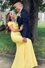 Two Piece Off the Shoulder Lace Mermaid Yellow Prom Dress