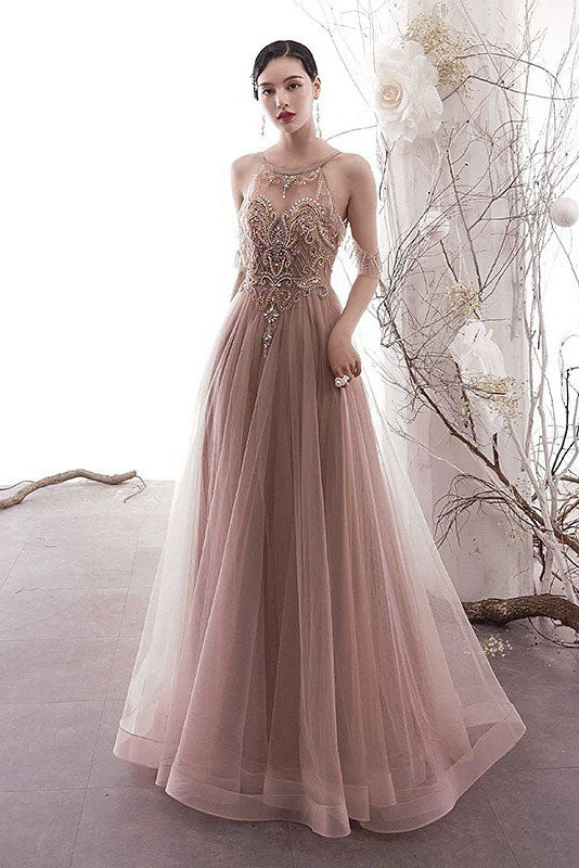 Gorgeous Cold Sleeves Beaded Pink Prom Dress