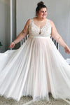 Plus Size Illusion Neck A-line Ivory Wedding Dress with Lace Top