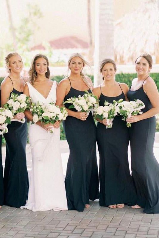 Mermaid Straps Black Long Bridesmaid Dress