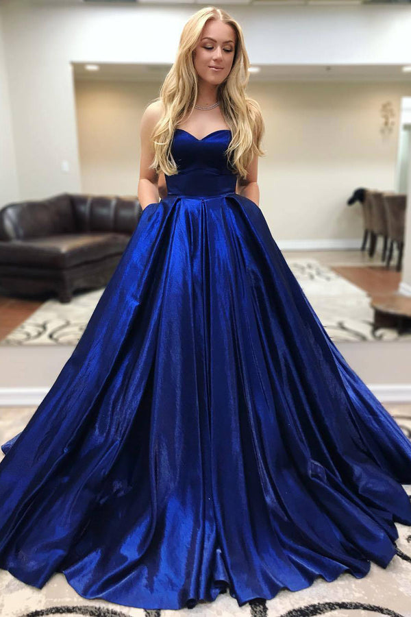 Royal Blue Strapless Satin Prom Dress with Pockets