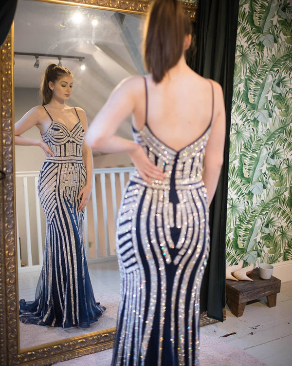 Spaghetti Straps Mermaid Beading Black Long Prom Dress