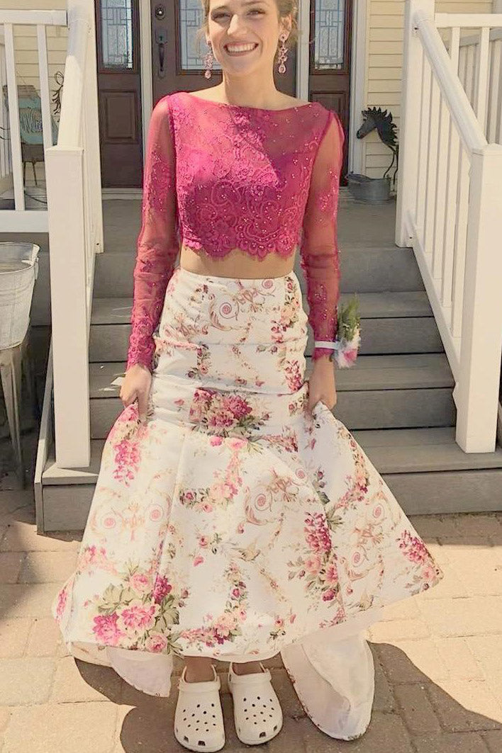 Gorgeous Two Piece Floral Prom Dress with Long Sleeves