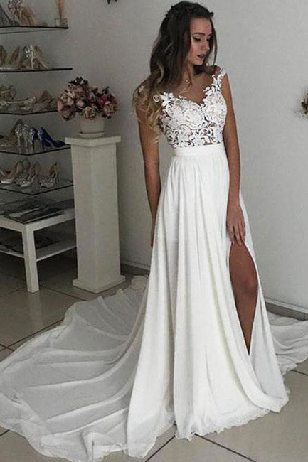 Sheath Long A-line V-Neck White Wedding Dress with Slit