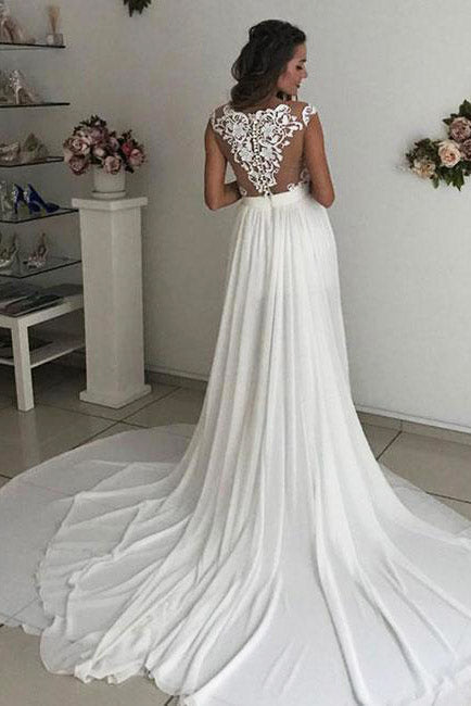 Sheath Long A-line V-Neck White Wedding Dress with Slit