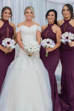 Mermaid High Neck Grape Long Bridesmaid Dress with Appliques