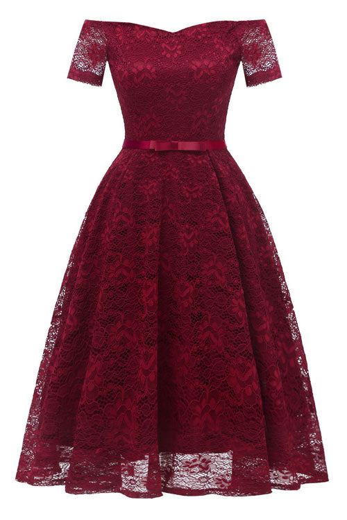 Off the Shoulder Lace Burgundy Short Prom Party Dress