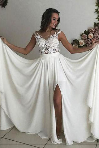 Sheath Long A-line V-Neck White Wedding Dress with Slit