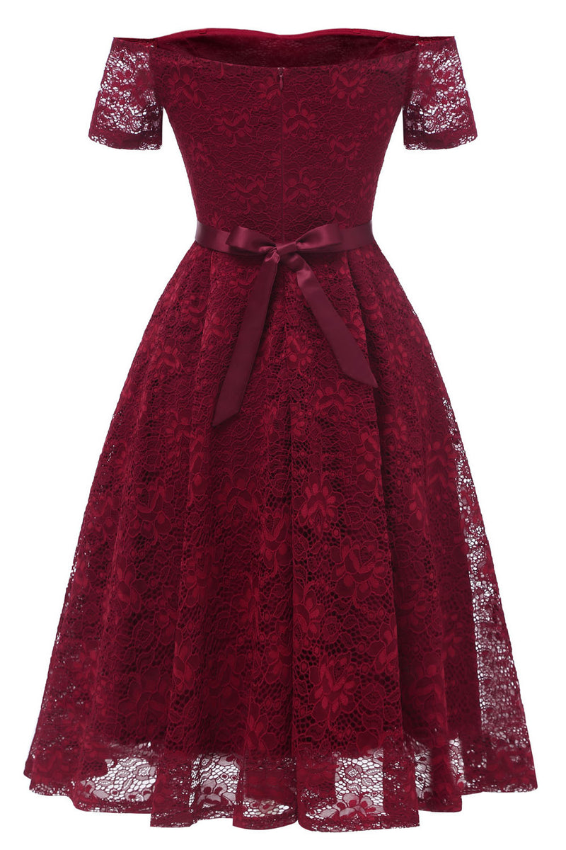 Off the Shoulder Lace Burgundy Short Prom Party Dress