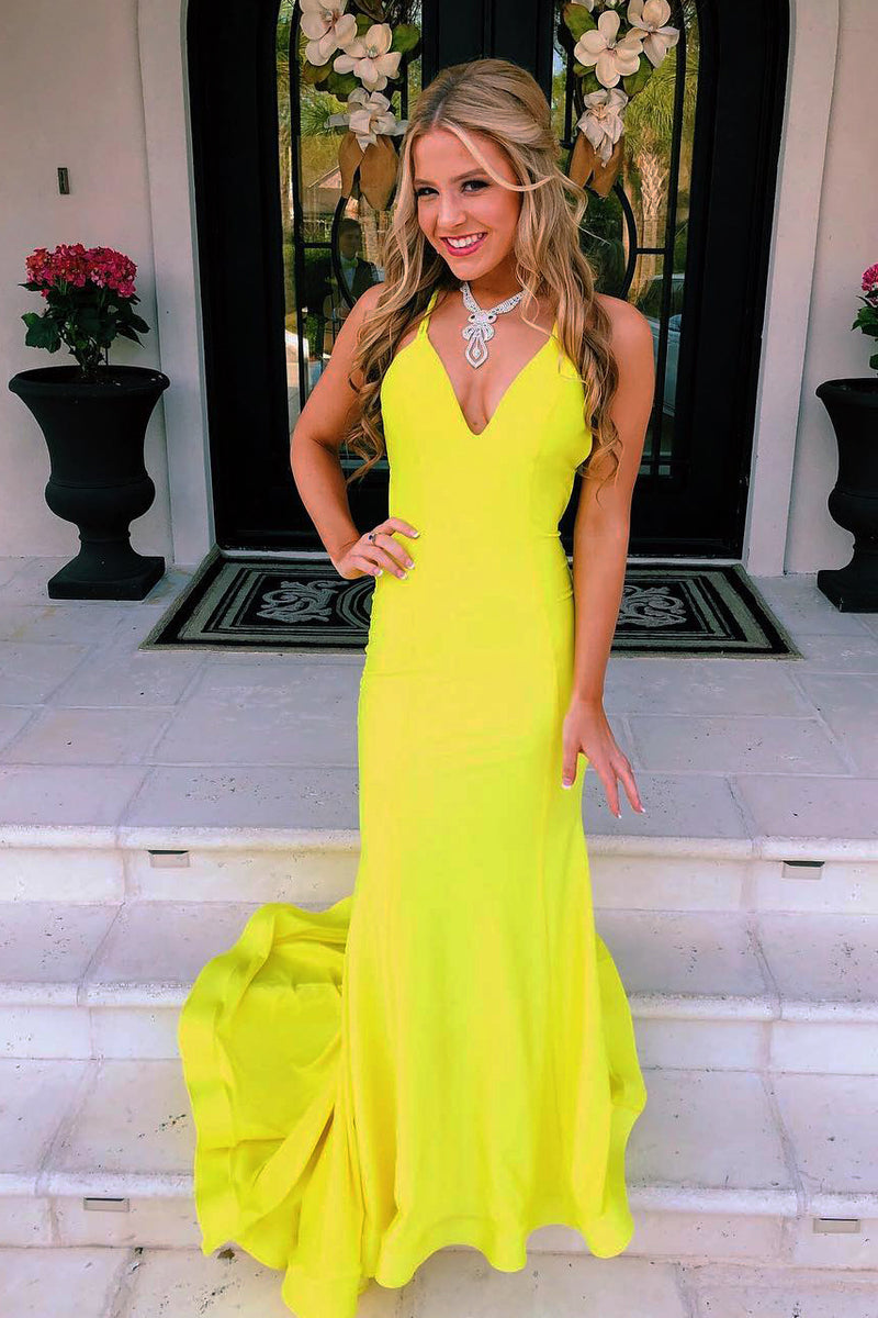 Mermaid V Neck Long Yellow Prom Dress with Open Back