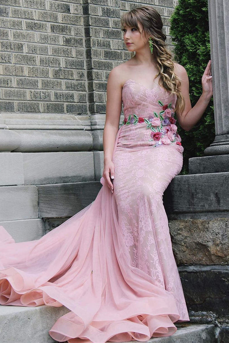 Sweetheart Floral Embroidery Pink Prom Dress with Train