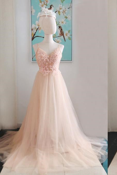 A-Line Lace Appliques Blush Pink Tulle Prom Dress