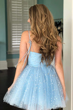 Spaghetti Straps Light Blue Short Homecoming Dress with Stars