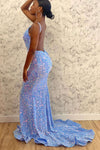 V-Neck Light Blue Sequins Mermaid Long Prom Dress