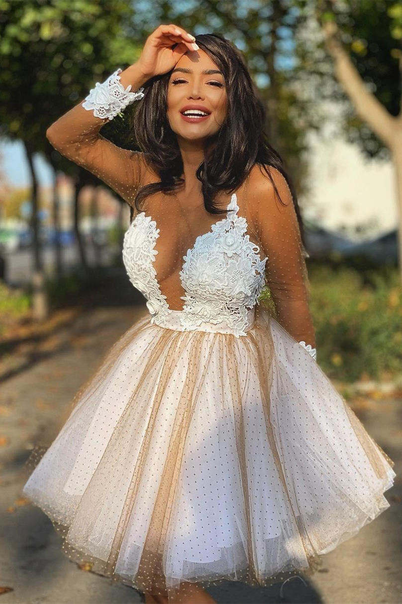 knee length dresses for ladies Off the Shoulder Long Sleeves Sequin Homecoming Dresses, Short Prom Dr –  SposaBridal main image 0
