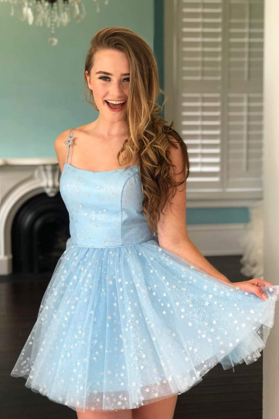 Spaghetti Straps Light Blue Short Homecoming Dress with Stars FancyVestido Spaghetti Straps Light Blue Short Homecoming Dress with Stars FancyVestido