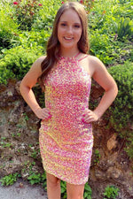 Tie Back Hot Pink Sequins Homecoming Dress