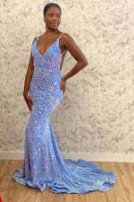 V-Neck Light Blue Sequins Mermaid Long Prom Dress