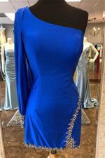 Royal Blue One Shoulder Beaded Tight Party Dress