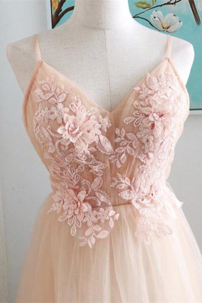 A-Line Lace Appliques Blush Pink Tulle Prom Dress